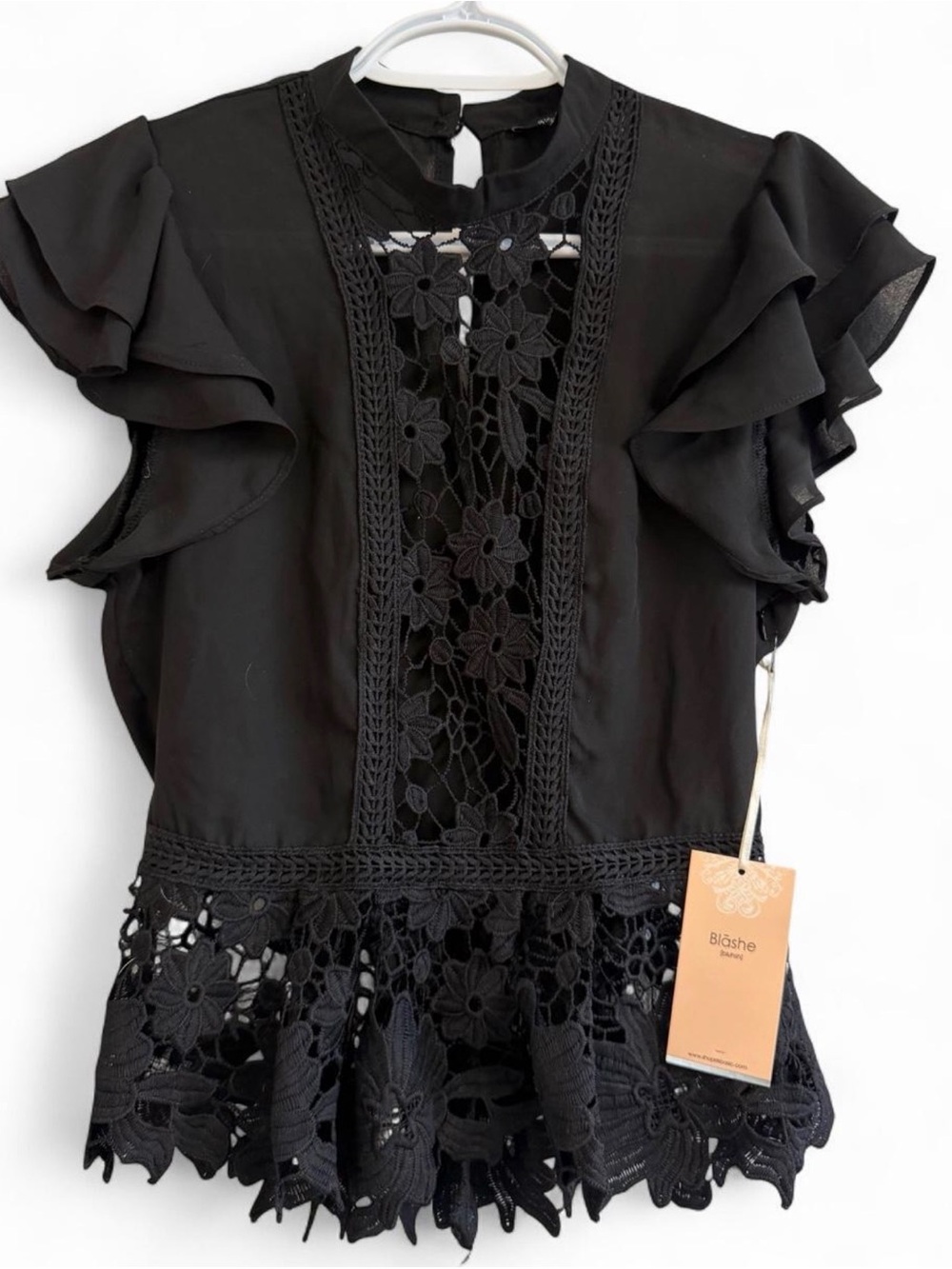 Black Floral Crochet Flutter-Sleeve Blouse by Bikashe